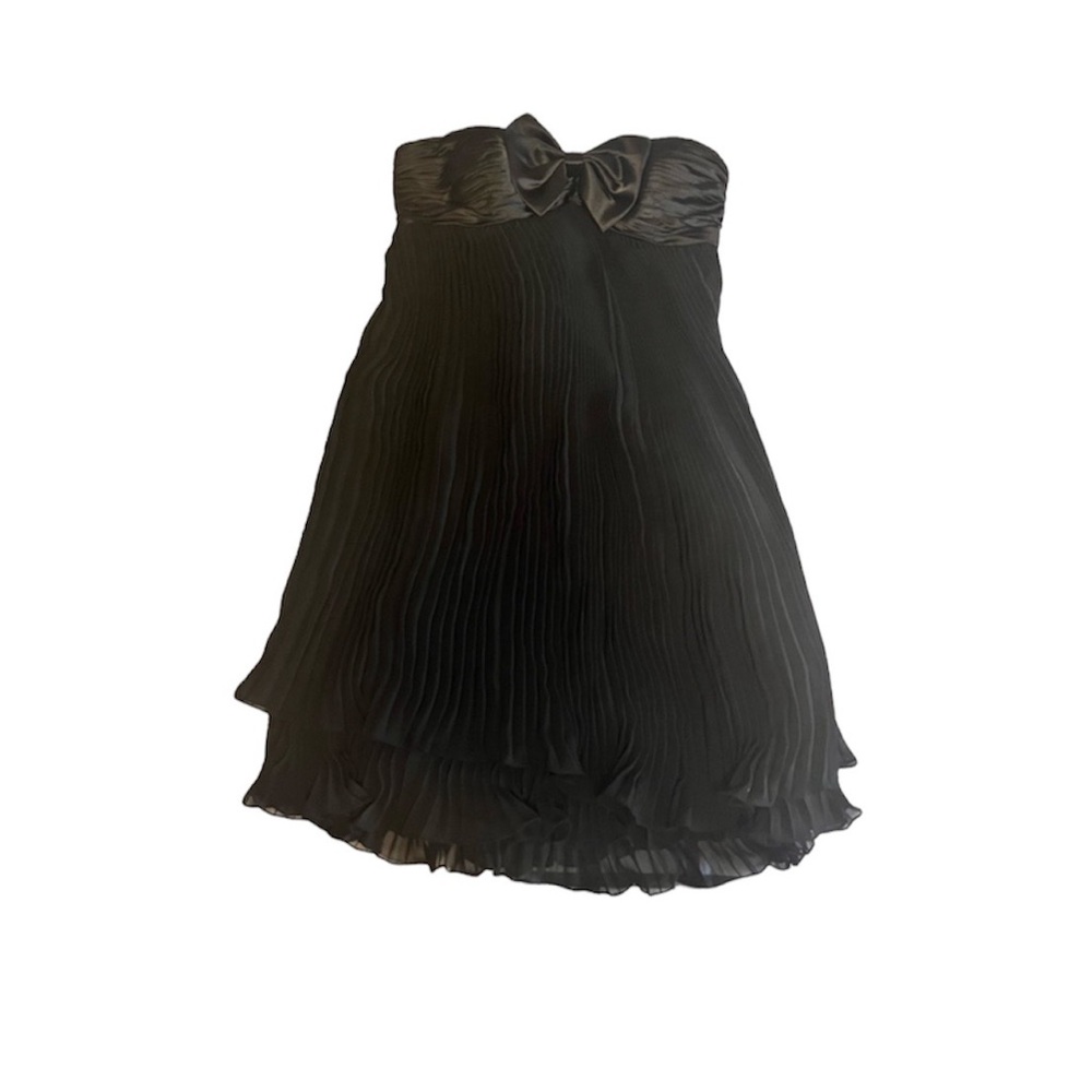 CACHE LUXE Flowy Pleated Strapless Mini Black Bow dress